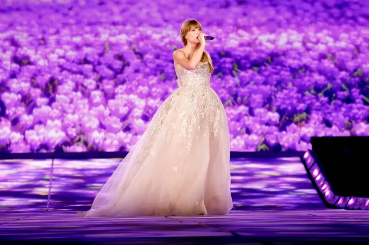 A dreamy editorial-style collage of Taylor Swift Speak Now era inspired outfits, featuring a purple halter gown.