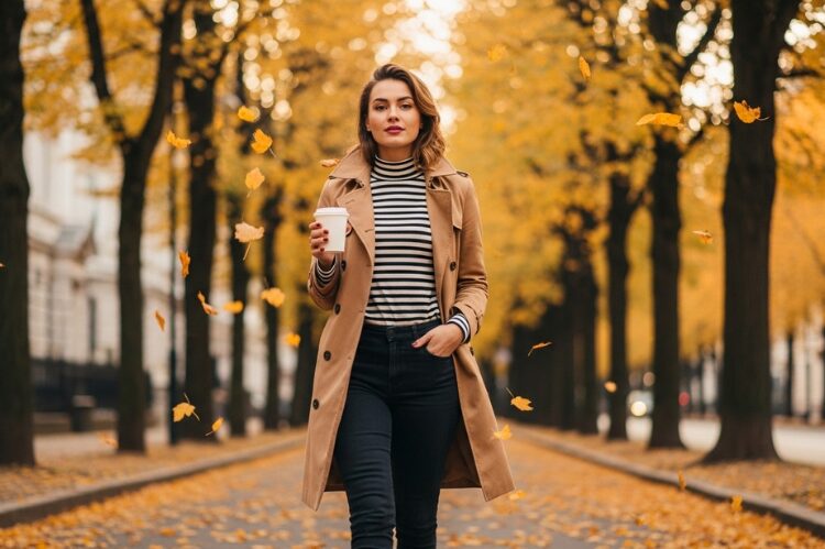 A fashionable young woman walking down a tree-lined street with golden autumn leaves falling.
