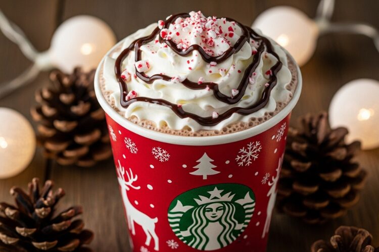 A festive Starbucks holiday cup of peppermint mocha with whipped cream, chocolate drizzle, and peppermint candy bits, styled with pinecones and soft holiday lights.
