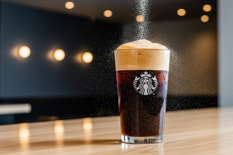 A glass of Starbucks nitro cold brew with cascading nitrogen bubbles and creamy foam.
