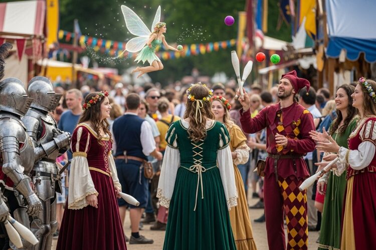 A lively renaissance festival crowd, with knights in armor, maidens in flowing dresses, jesters juggling, and a fairy in glowing wings. 