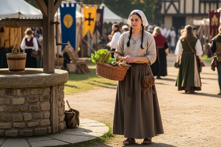 A medieval peasant in a beige blouse, brown skirt, and sandals, carrying a woven basket.