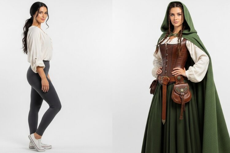 A modern woman in leggings and a blouse, transformed into a ren faire outfit with a corset, belt, and cloak added.