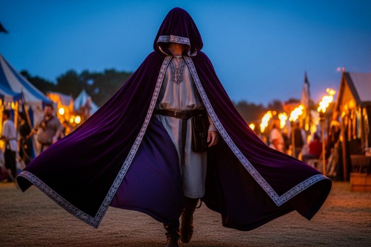 A person wearing a deep velvet cloak over a simple tunic, walking through a renaissance fair at twilight.
