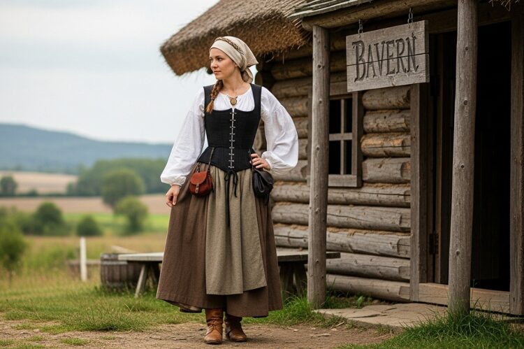 A renaissance peasant outfit made of layered pieces: white blouse, corset vest, long skirt, leather boots.