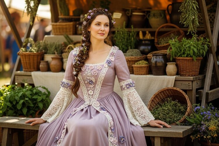 A soft, romantic ren faire gown decorated with lace trim and floral appliqués. A woman wearing it with braided hair and flowers.