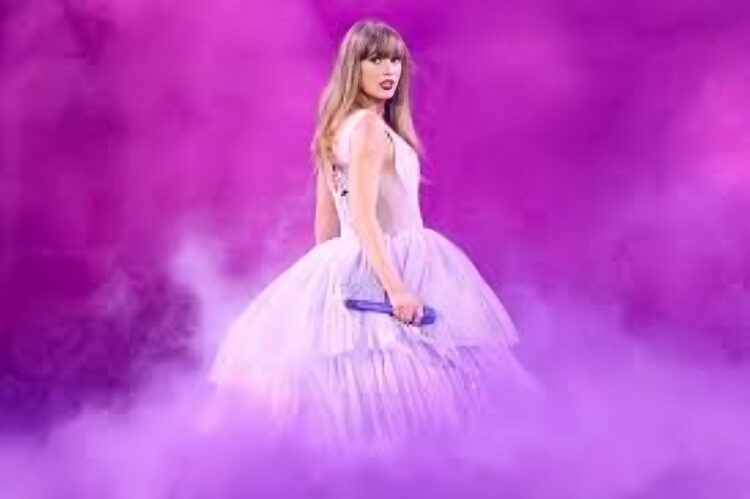 A stage backdrop with Taylor Swift inspired Speak Now era fashion imagery a including purple.