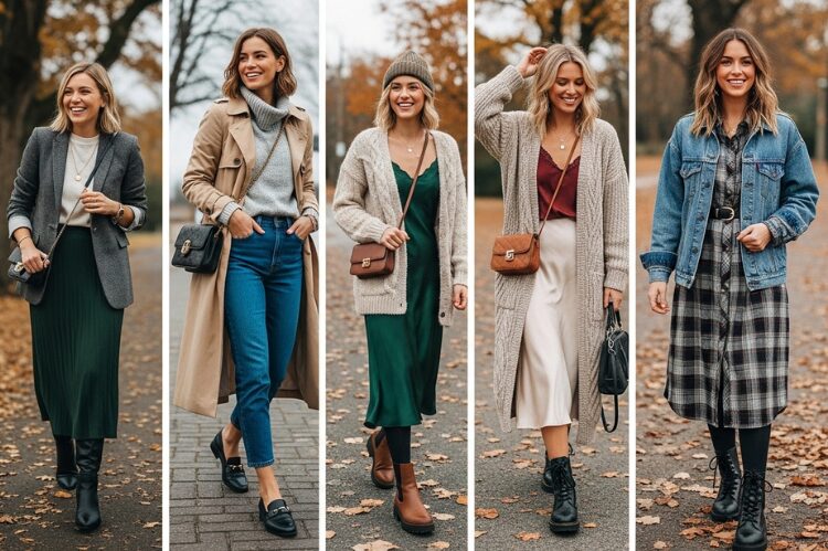 A street-style collage showing five stylish women in different outfits.