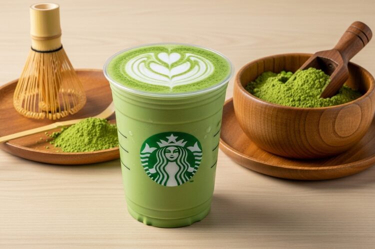 A vibrant green Starbucks matcha latte in a clear cup with frothy top.