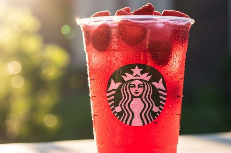 A vibrant pink-red Starbucks refresher with freeze-dried strawberries floating inside.