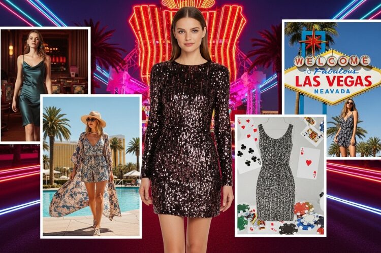 A glamorous Las Vegas-inspired fashion collage showing a mix of outfits.