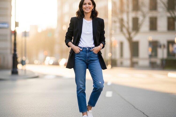 Blazer over a tee with straight-leg jeans.