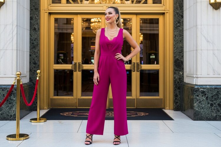 A stylish woman in a bold-colored jumpsuit with plunging neckline.