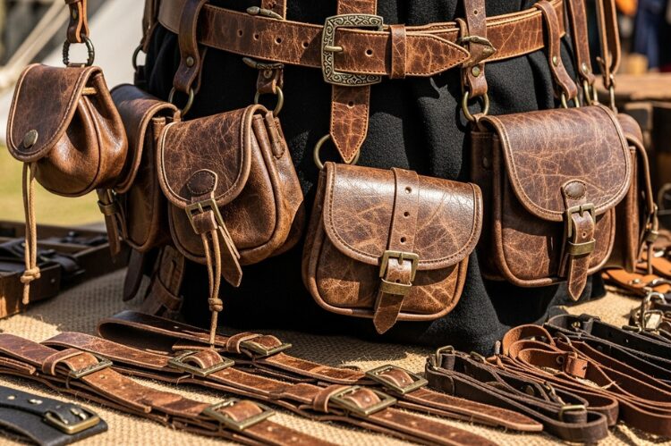 Close-up of leather belts, pouches, and straps worn across a medieval tunic. 