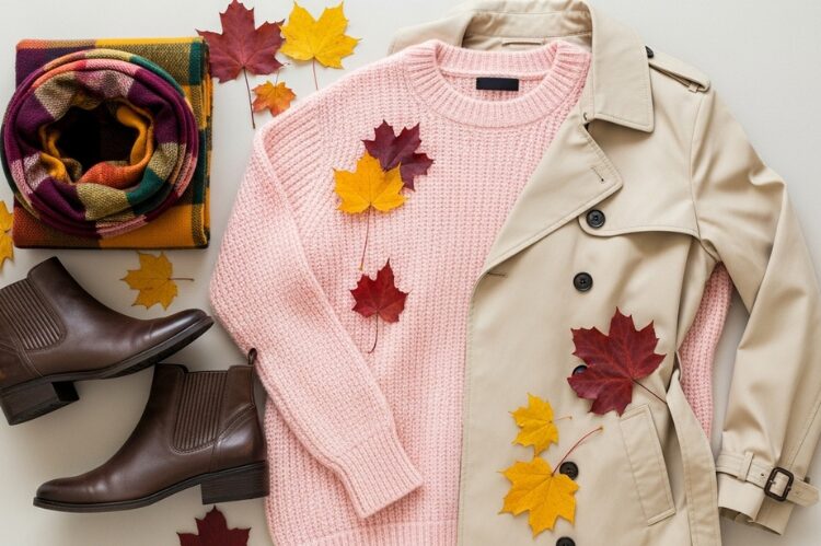 Flatlay of essential fall clothing pieces: oversized pastel sweater, ankle boots, trench coat, and a plaid scarf. 