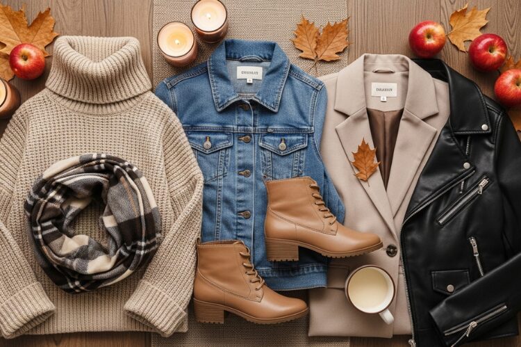 Flatlay of essential fall wardrobe items: chunky knit sweaters, denim jacket, ankle boots, and plaid scarf. 