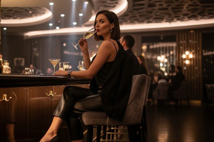 A chic woman in black leather pants, a tailored blazer, and heels.