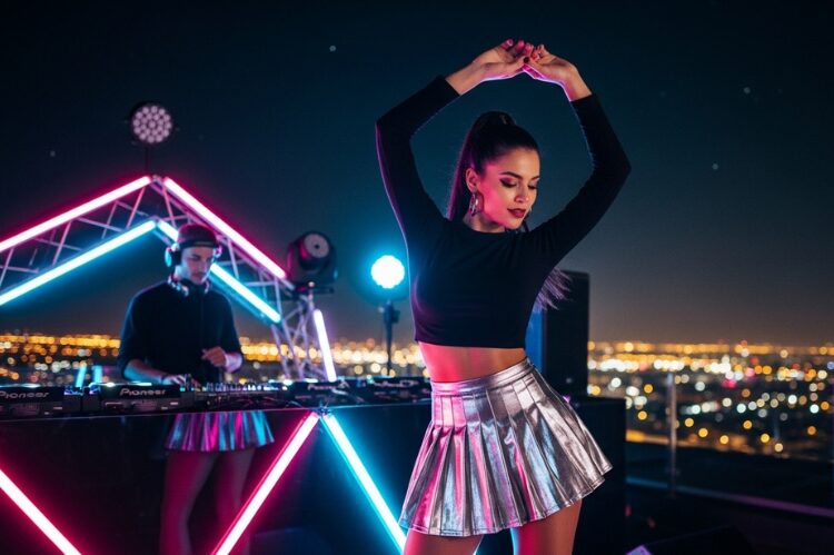 A trendy woman in a metallic silver skirt and black crop top.