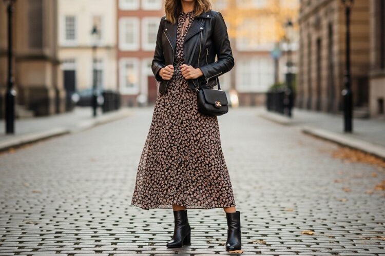 Midi dress with a leather jacket and ankle boots.