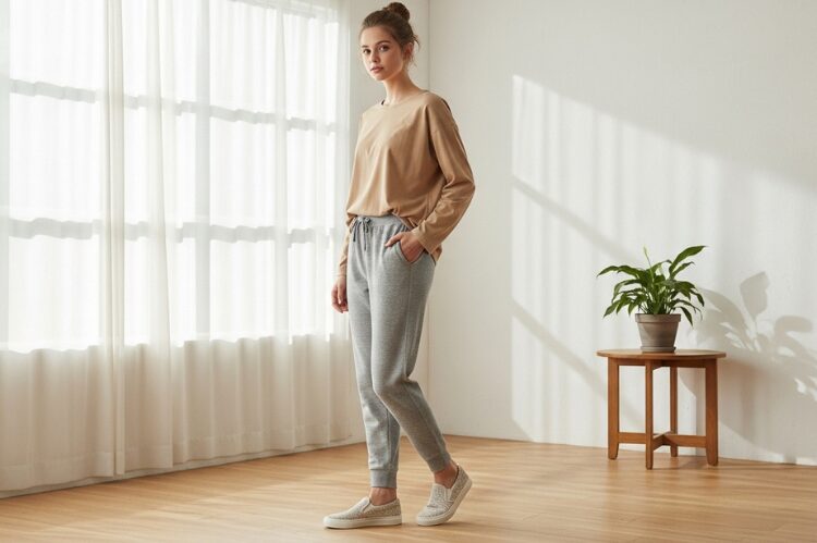 Minimalist comfy look with a nude long-sleeve tee, joggers, and slip-on sneakers.