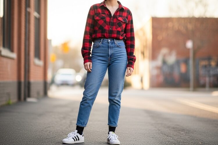Plaid shirt with high-waist jeans and sneakers.