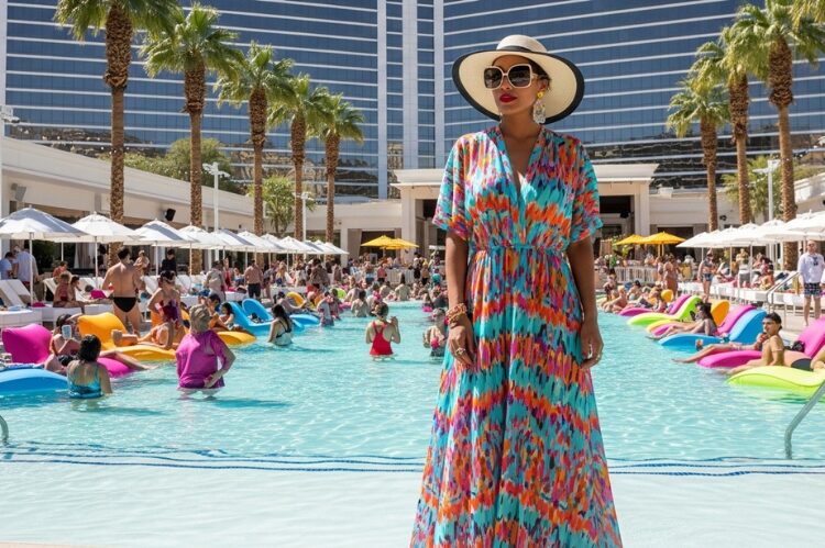 A stylish woman at a vibrant Las Vegas pool party with a flowy, sheer kimono. 