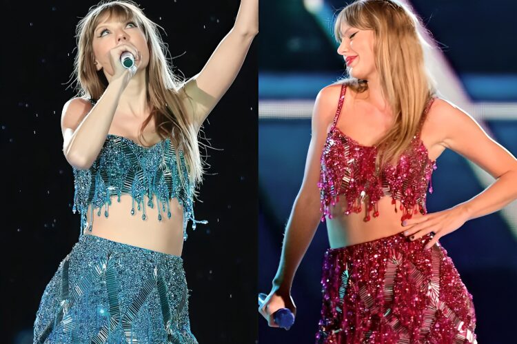 Taylor Swift in shimmering two-piece crop top and skirt.