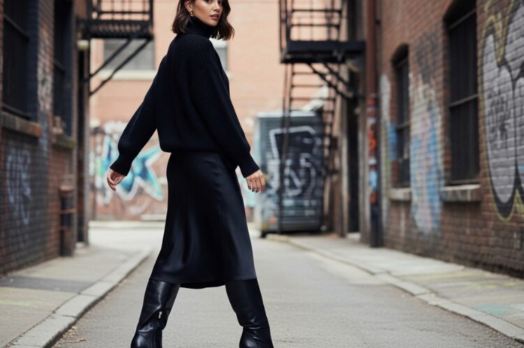 Turtleneck with a slip skirt and heeled boots