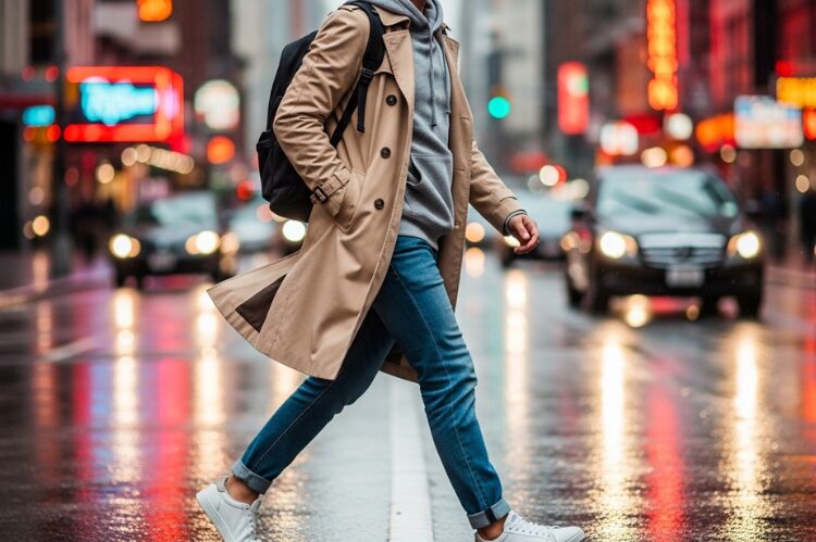 Urban street style with a beige trench coat layered over a hoodie and jeans.