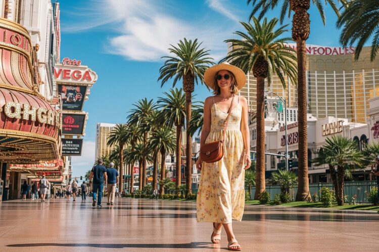 A sunny daytime Vegas street with a young woman wearing a flowy sundress.