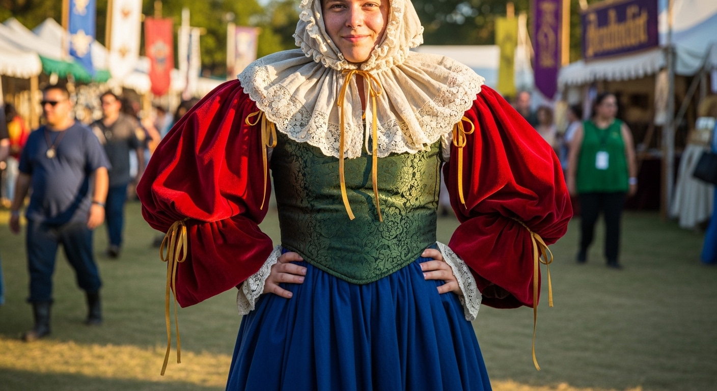 A noble-inspired ren faire costume featuring a DIY ruff collar and oversized puffy sleeves.