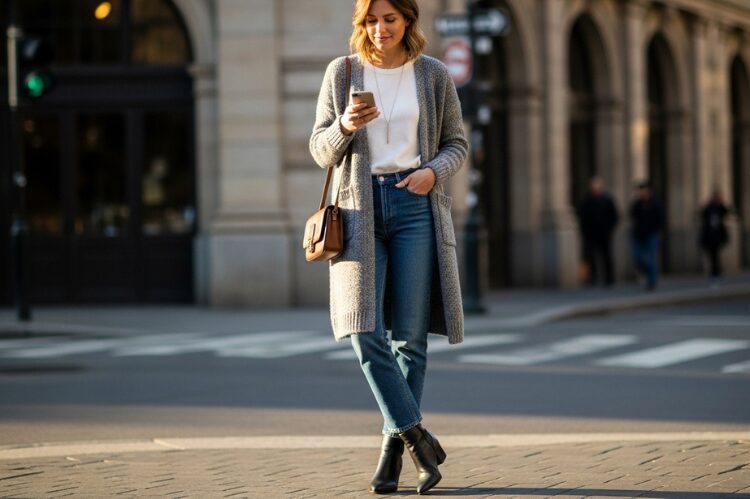 outfit featuring a long cardigan layered over a simple white tee and blue jeans.