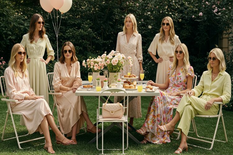 A chic editorial-style photo of a group of stylish women at a sunny outdoor brunch.