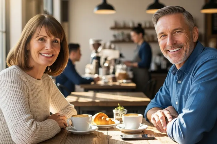 Middle-aged man and woman smiling confidently with clear aligners, lifestyle setting like a coffee shop.