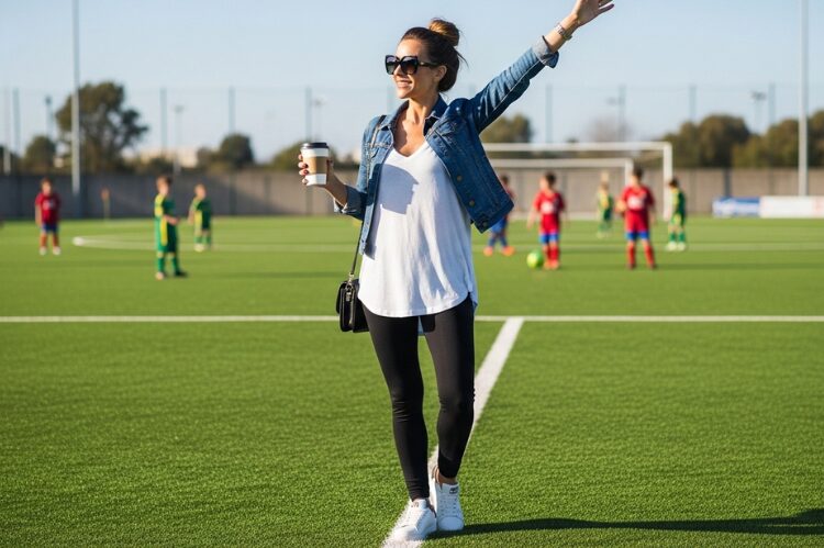 A stylish and confident soccer mom standing on the sidelines of a soccer field.