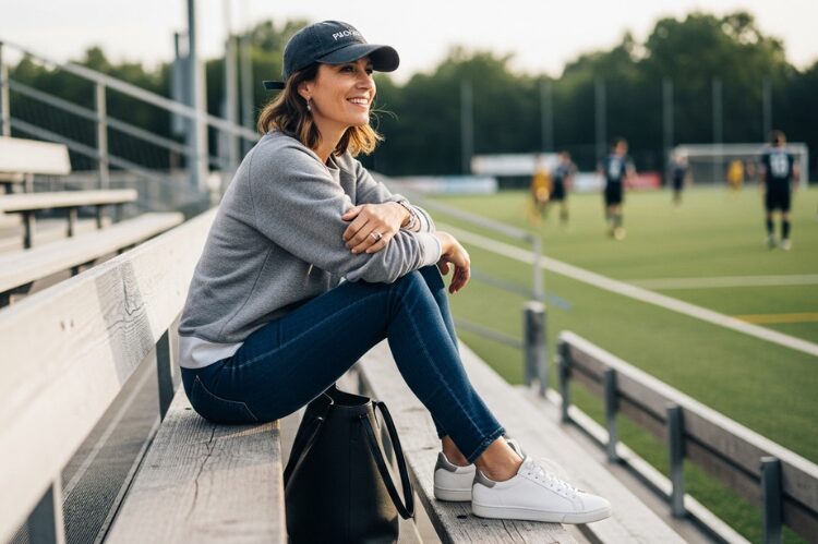 A casual yet stylish mom sitting on outdoor bleachers at a soccer game, wearing skinny jeans and a sweatshirt.