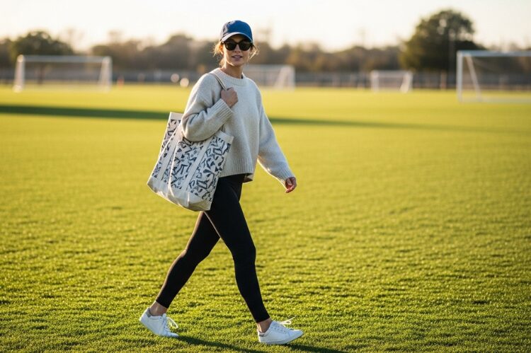 Confident soccer mom walking across a soccer field, wearing black leggings, oversized sweater, white sneakers, and carrying a tote bag. 
