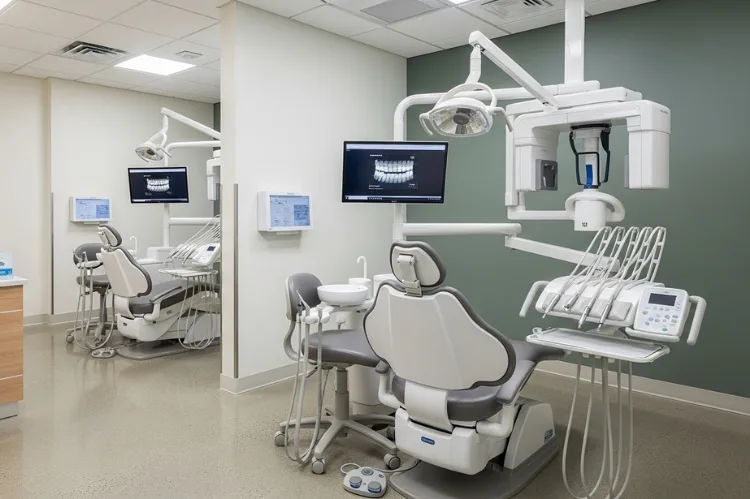 modern dental office interior with calming colors, advanced dental equipment.