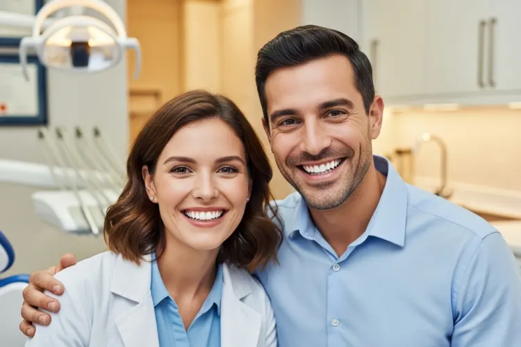 A confident man and woman smiling with perfect teeth, modern dental clinic background.
