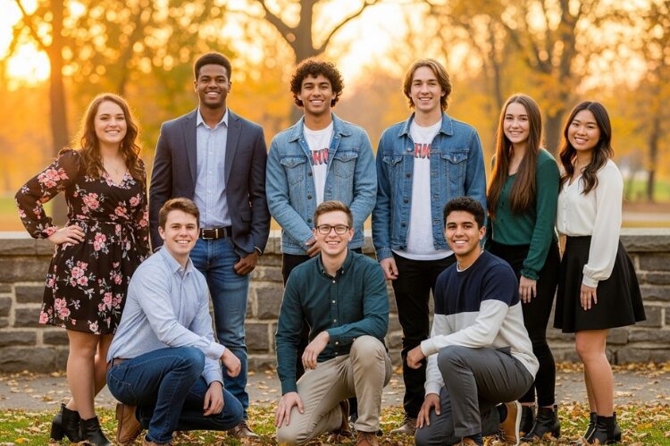 A diverse group of high school seniors posing outdoors each wearing different senior photo outfits.