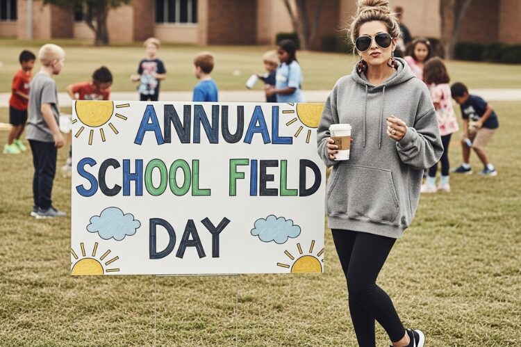 A soccer mom in yoga pants, oversized hoodie, messy bun hairstyle, large sunglasses and a sneakers.