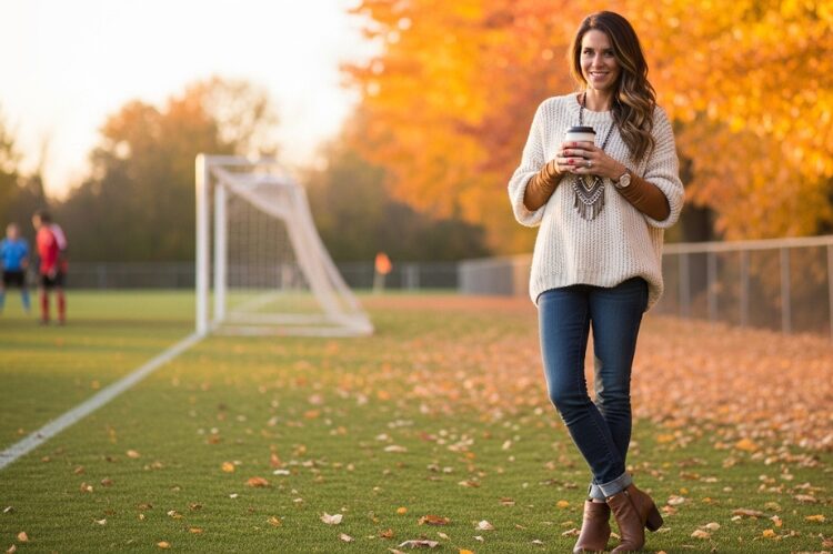 A stylish soccer mom in fall wearing an oversized sweater, skinny jeans, and ankle boots.
