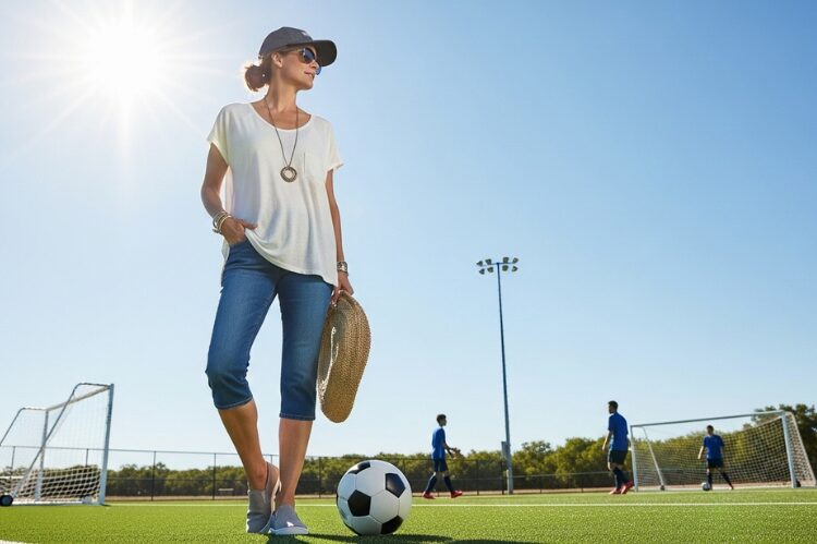 A summer soccer mom look featuring a loose-fit T-shirt, capris, and slip-on shoes.