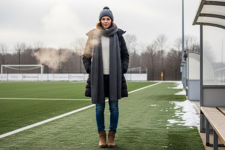 A mom dressed warmly in a puffer jacket, jeans, and boots, wrapped in a knit scarf, standing on a frosty soccer field sideline.