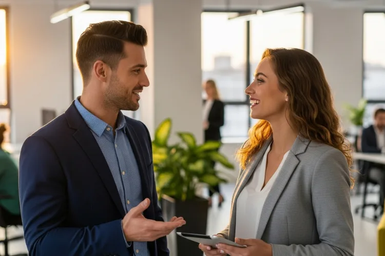 Smiling professional man and woman confidently interacting in workplace.
