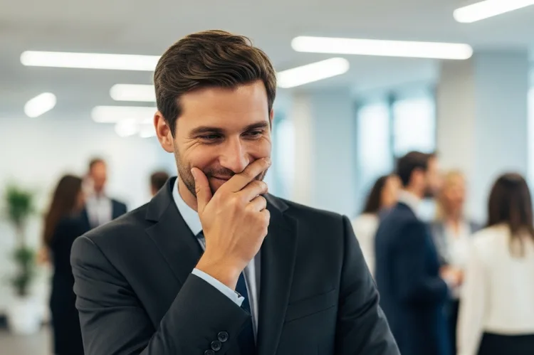 A professional man covering their mouth while smiling, looking insecure in a social setting.