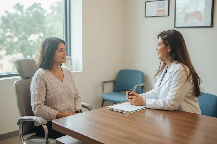 Patient and dentist in conversation at a consultation desk.