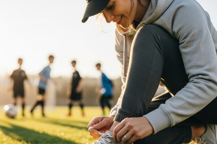 lifestyle shot of a soccer mom tying her sneakers while kids play soccer in the blurred background.