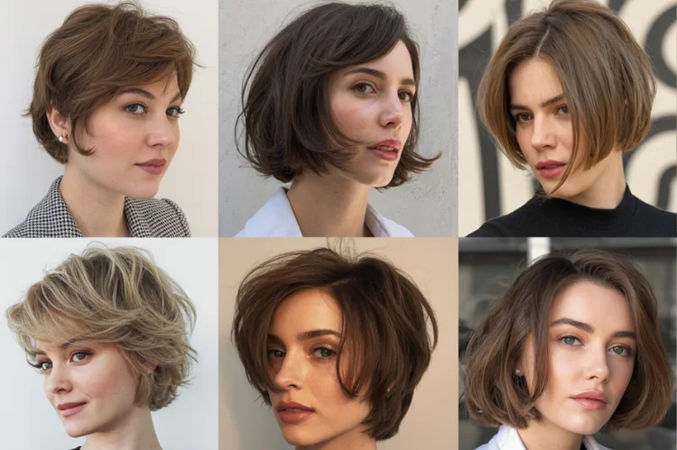 Collage of six women with short pixie bob haircuts in various styles and colors, showcasing layered, voluminous looks for fine hair.