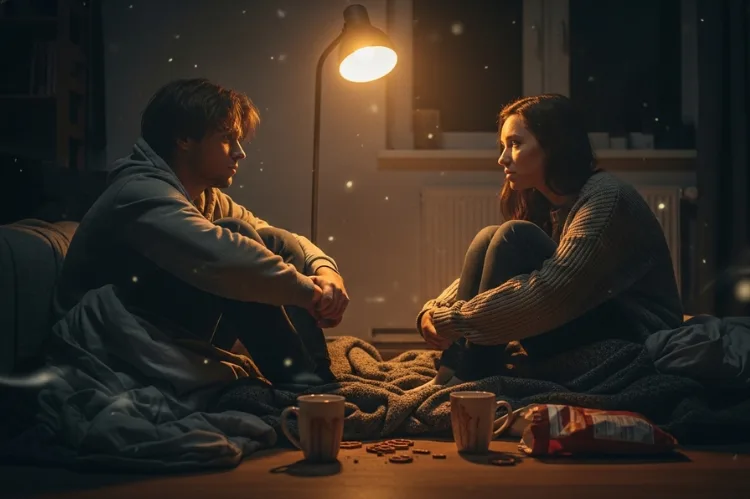 A dimly lit room at 3 AM, a couple sitting on the floor with blankets.